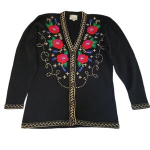 Vintage Susan Bristol Black Floral Cardigan Sweater Medium Ugly Holiday EUC